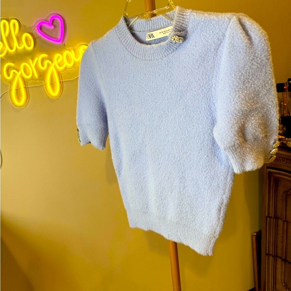 Zara Sky Blue Knit Top with Button Detail - Picture 2 of 10